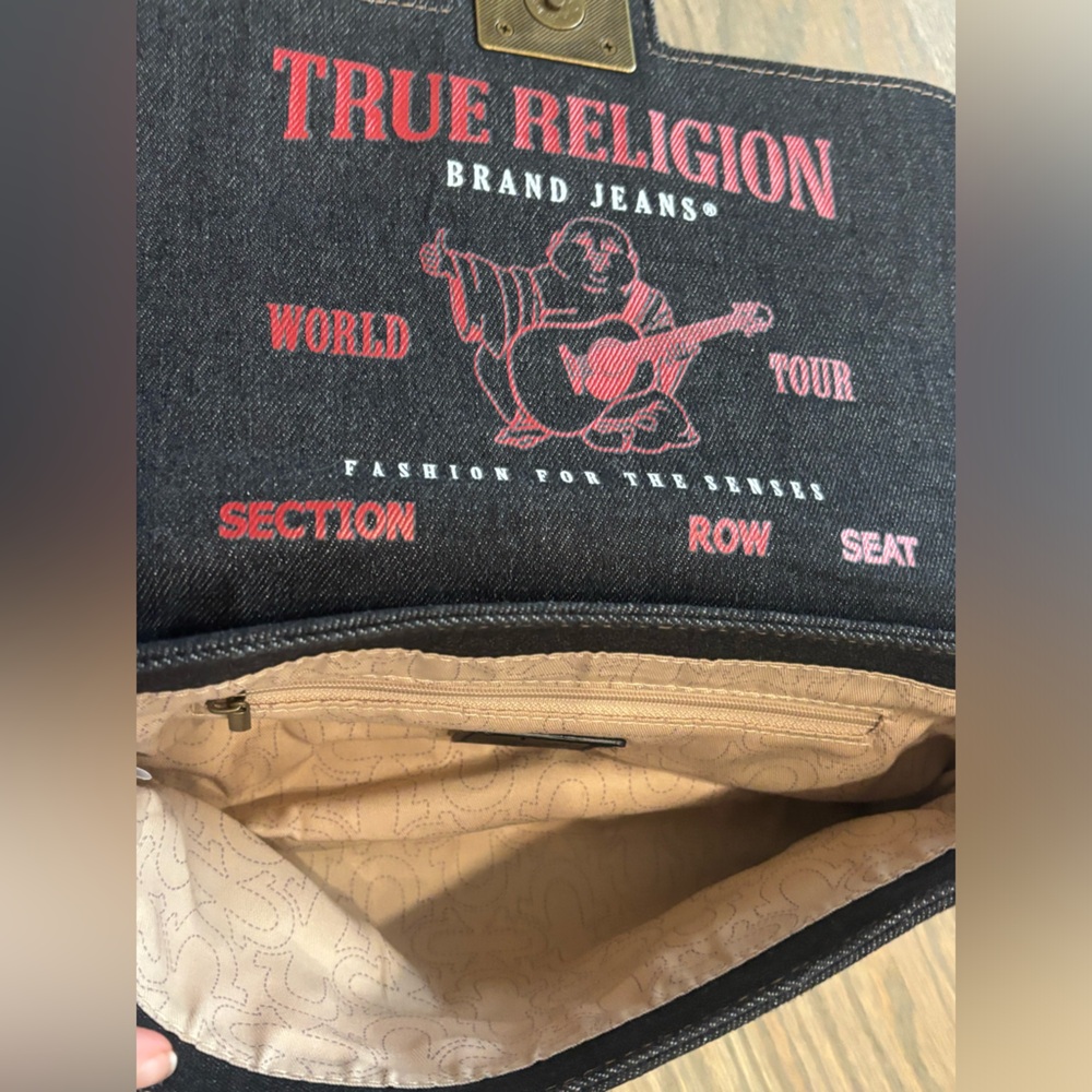 True Religion DENIM BRASS HARDWARE FLAP Mini Shoulder Bag EUC - Picture 2 of 6
